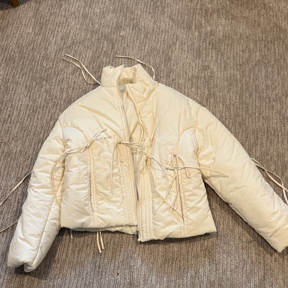Cropped Cream Puffer Jacket with Tie Accents - Women